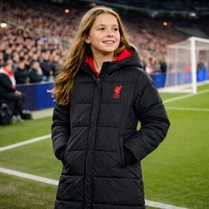 Liverpool FC Youth 11-12 Long Puffer Coat Jacket Black Red Hooded LFC